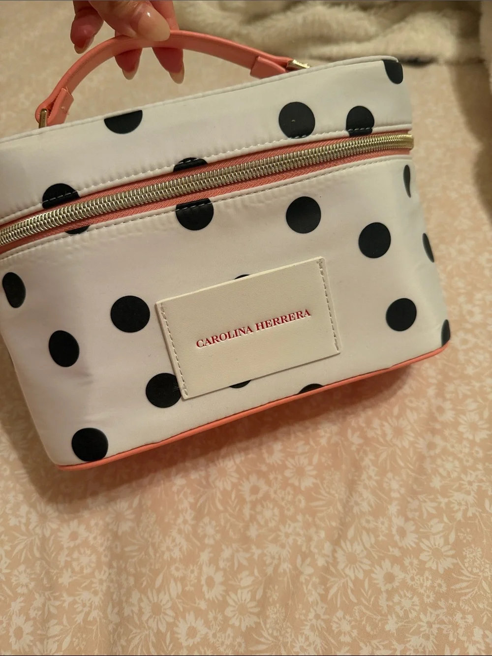 Carolina Herrera White Polka Dot Cosmetic Bag with Coral Trim